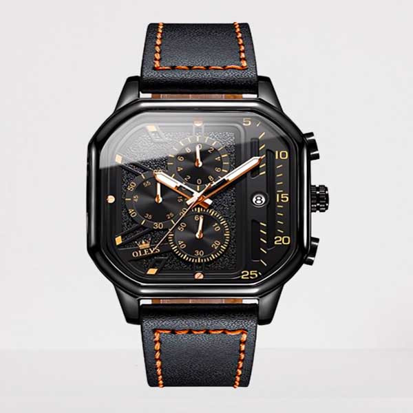 Olevs 9950 Men’s Square Skeleton Pu Leather Quartz Watch