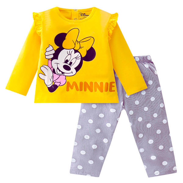 Cotton Knit Full Sleeve Night Suit with Minnie Mouse Graphics- Yellow & Grey