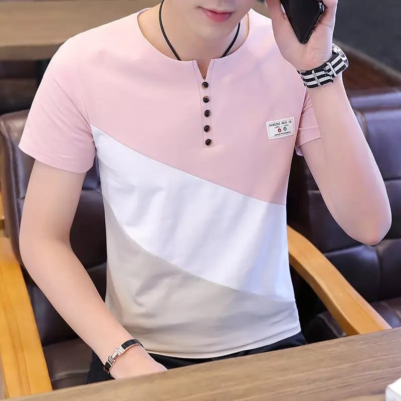 Pink Grey White Print Cotton Short Sleeve T-Shirt For Men - T Shirt For